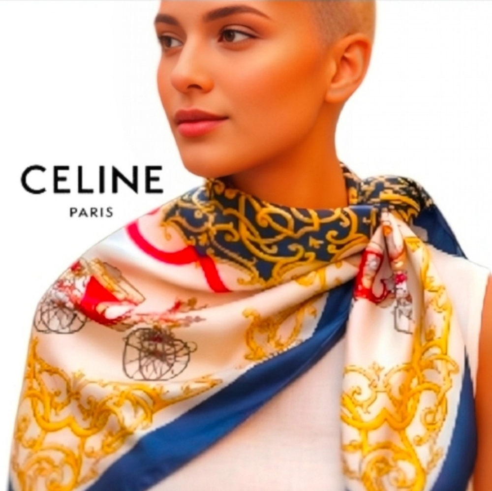 Rare CELINE PARIS Beautiful Vintage Blue & Gold 34 x 34 Silk Scarf Like New
